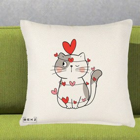 Perna Decorativa Pisica Kawaii cu Inimi, 40x40 cm, Crem Reliefat, Husa Detasabila, Perna Inclusa, BEKZ®