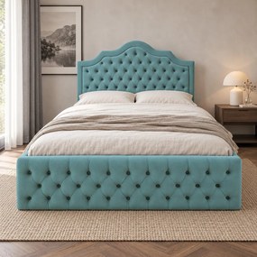 Pat tapițat din catifea Imperio cu nasturi 160×200 cm, verde marin, cu ladă de depozitare
