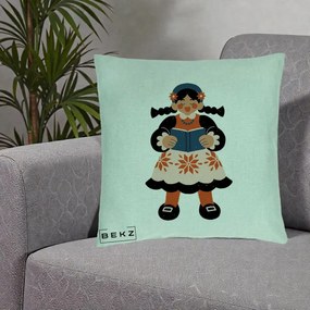 Perna Personalizata Fetita cu Carte Ilustratie Folk, 40x40 cm, Verde Menta, Husa Detasabila, Perna Inclusa, BEKZ®