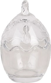 Borcan din sticlă, transparent, cu capac găină, Ø 6x9 cm