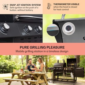 Kingsville Smoker, grătar combinat, gaz, cărbune, afumător cu cărbune, 13,5 kW, 3+1 arzătoare, negru
