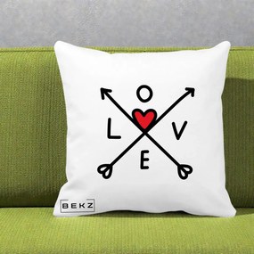Perna Decorativa Love cu Sageti Incrucisate si Inima Rosie, 40x40 cm, Alba Mata, Husa Detasabila, Perna Inclusa, BEKZ®