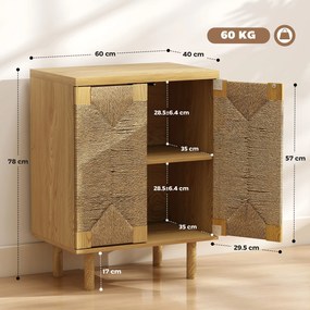 HOMCOM Bufet boem cu 2 uși cu sfoară împletită manual, raft reglabil, deschidere prin apăsare, stejar, 60x40x78 cm | Aosom Romania