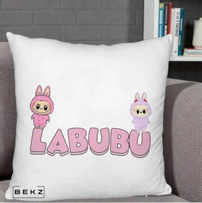 Perna Personalizata Labubu Duo Roz-Lila cu Text, 40x40 cm, Alb Pufos, Husa Detasabila, Perna Inclusa, BEKZ®
