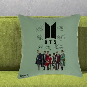 Perna Personalizata K-pop BTS Semnaturi Foto, 40x40 cm, Verde, Husa Detasabila, Perna Inclusa, BEKZ®