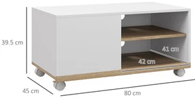HOMCOM Dulap TV 42" Max cu 2 Rafturi deschise si Usa, Dulap TV Jos din PAL cu Roti, 80x45x39.5 cm, Alb | Aosom Romania