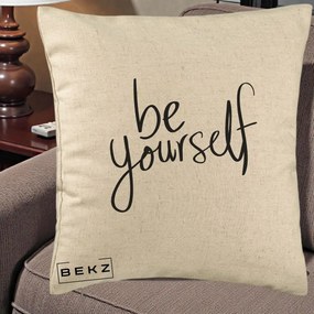 Perna Decorativa Be Yourself Caligrafie Neagra, 40x40 cm, Bej, Husa Detasabila, Perna Inclusa, BEKZ®