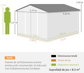 Outsunny Magazie de Grădină 8.3m² din Oțel Zincat, Uși Duble Glisante, 277x322x192 cm, Maro | Aosom Romania