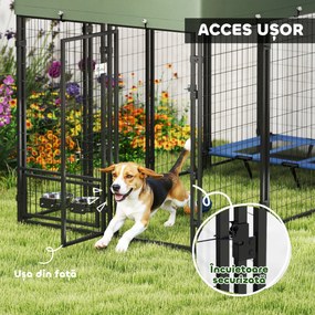 PawHut Țarc pentru Câini de Exterior din Oțel cu Acoperiș din Material Oxford, Anti-UV, Impermeabil, 2 Boluri, Verde | Aosom Romania