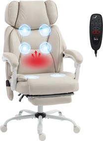 HOMCOM Scaun de birou cu spătar înalt cu masaj prin vibrații și încălzire, ergonomic, rabatabil, cu suport pentru picioare, alb crem | Aosom Romania