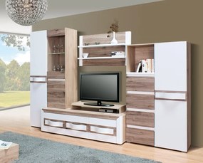 Living PASSIONATA Z.A , 5 corpuri, cu lumini LED, corp PAL sonoma, fronturi MDF alb lucios, 300x60x198 cm