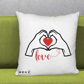 Perna Decorativa Love Maini Inima cu Inscriptie Love Rosu, 40x40 cm, Alb Pufos, Husa Detasabila, Perna Inclusa, BEKZ®