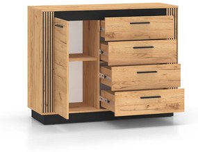 Comoda cu 4 sertare si 1 usa , stejar artisan  insertie negru, 115x90x40 cm, modern ,model riflaj pe margini, picioare negre , pentru living ,