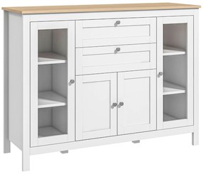 HOMCOM Comodă de Bucătărie, Mobilier de Bucătărie cu 2 Sertare, 3 Dulapuri, Blat de Lucru din Caucciuc, Bufet cu Uși din Sticlă, Rafturi Ajustabile, pentru Sufragerie, 120x40x90cm, Alb | Aosom Romania