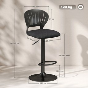 Set HOMCOM de 2 Scaune de Bar Reglabile, Scaune de Bucătărie Înalte din Țesătură Tip In cu Spătar, Suport pentru Picioare și Scaun Moale, Structură din Metal, Scaune de Bar Rotative la 360°, Negru | Aosom Romania