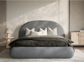 Pat matrimonial gri tapițat cu spațiu de depozitare cu somieră 160x200 cm Maumere – Maison de Rêve