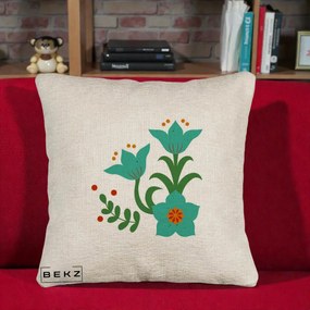 Perna Decorativa Flori Stilizate Folk Turcoaz, 40x40 cm, Bej Canapea, Husa Detasabila, Perna Inclusa, BEKZ®