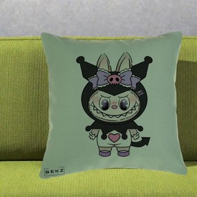 Perna Personalizata Labubu x Kuromi, 40x40 cm, Verde, Husa Detasabila, Perna Inclusa, BEKZ®