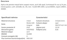 Aplica LED cu iluminat ambiental sus/jos SIEGFRIED aspect lemn 8W