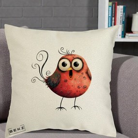 Perna Decorativa Pasare Rosie Exuberanta cu Spirale, 40x40 cm, Ecru, Husa Detasabila, Perna Inclusa, BEKZ®