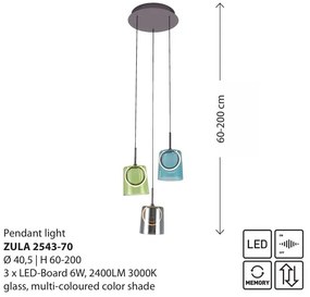Lustra cu 3 pendule LED, inaltime reglabila, sticla, multicolor, Zula