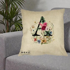 Cadou Personalizat - Perna Personalizata Monogram Litera A cu Flori Acuarela, 40x40 cm, Crem, Husa Detasabila, Perna Inclusa, BEKZ®