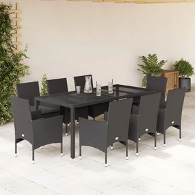 3278548 vidaXL Set mobilier de grădină cu perne 9 piese negru poliratan&sticlă