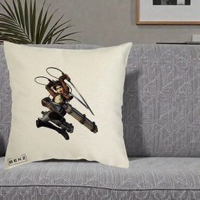 Perna Personalizata Attack on Titan Eren Yeager Lupta, 40x40 cm, Ecru, Husa Detasabila, Perna Inclusa, BEKZ®