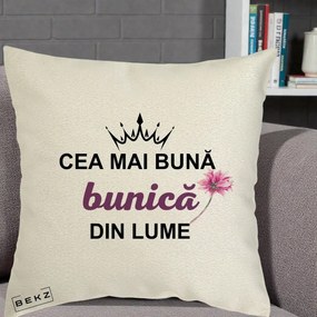 Cadou pentru Bunica - Perna Personalizata Cea Mai Buna Bunica Din Lume Coroana Mov Floare Roz, 40x40 cm, Ecru, Husa Detasabila, Perna Inclusa, BEKZ®