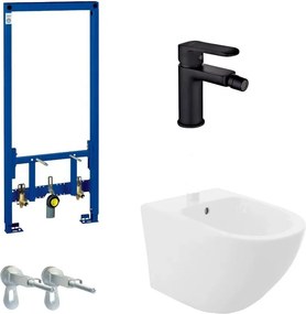 Pachet rama instalare Grohe Rapid SL, bideu suspendat Rea Carlo alb si baterie bideu Siros negru