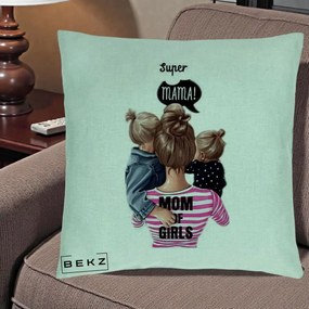 Cadou pentru Mama - Perna Personalizata Super Mama Mom of Girls, 40x40 cm, Verde Menta, Husa Detasabila, Perna Inclusa, BEKZ®