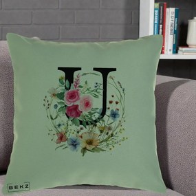 Cadou Personalizat - Perna Personalizata Monogram Litera U cu Flori Acuarela, 40x40 cm, Verde, Husa Detasabila, Perna Inclusa, BEKZ®