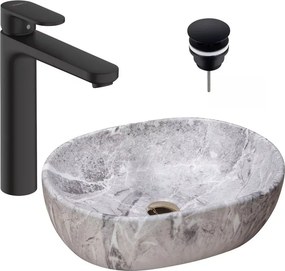 Pachet lavoar pe blat Rea Lara Stone gri 48.5 cm, baterie lavoar Hansgrohe Vernis Blend negru si ventil lavoar Click-Clack D negru