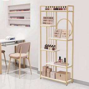 RAAU212 - Raft manichira, 80 cm pentru salon cosmetica, birou, hol, living, baie - Alb imitatie de marmura - Auriu