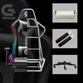 Scaun gaming, sistem iluminare bandă LED RGB, boxe bluetooth, masaj în perna lombară, sezut benzi elastice sustinere, funcție șezlong, 90-180 grade, suport picioare, SIG GS 024, Negru/Gri