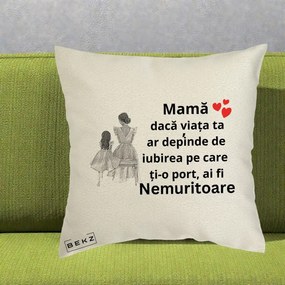 Cadou pentru Mama - Perna Personalizata Mama Nemuritoare Line Art, 40x40 cm, Ecru, Husa Detasabila, Perna Inclusa, BEKZ®
