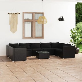 Set mobilier de gradina cu perne, 10 piese, negru, poliratan Negru, 4x colt + 5x mijloc + masa, 1