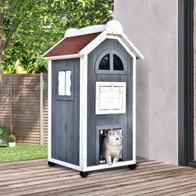 PawHut Casa pentru pisici cu pat sau litieră pentru pisici, dulap pentru pisici, toaletă pentru pisici în interior, lemn de brad, acoperiș de asfalt, Gri, 59 x 55 x 109 cm | Aosom Romania