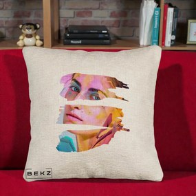 Perna Decorativa Portret Femeie Fragmentat Colorat, 40x40 cm, Bej Canapea, Husa Detasabila, Perna Inclusa, BEKZ®