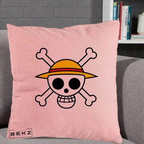 Perna Personalizata One Piece Jolly Roger Straw Hat Pirates, 40x40 cm, Roz, Husa Detasabila, Perna Inclusa, BEKZ®