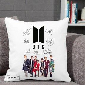 Perna Personalizata K-pop BTS Semnaturi Foto, 40x40 cm, Alba Mata, Husa Detasabila, Perna Inclusa, BEKZ®