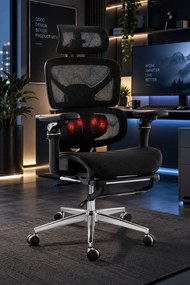 DOWINX SS919 – Scaun ergonomic cu Masaj, Incălzire, Suport lombar reglabil 4 niveluri, Tetieră 4D, Cotiere 5D, Recliner 90°–135°, Suport picioare, Mesh, Bază metalică, Negru