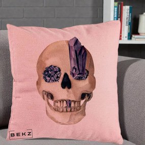 Perna Decorativa Craniu cu Cristale de Ametist, 40x40 cm, Roz, Husa Detasabila, Perna Inclusa, BEKZ®