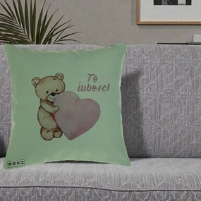 Cadou Romantic - Perna Personalizata Te Iubesc Ursulet cu Inima Roz Acuarela, 40x40 cm, Verde, Husa Detasabila, Perna Inclusa, BEKZ®