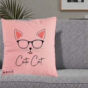 Perna Personalizata Cute Cat cu Ochelari, 40x40 cm, Roz, Husa Detasabila, Perna Inclusa, BEKZ®