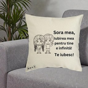 Cadou pentru Sora - Perna Personalizata Sora Mea Te Iubesc Copii Anime Line Art, 40x40 cm, Ecru, Husa Detasabila, Perna Inclusa, BEKZ®