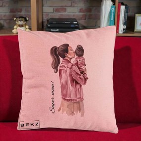 Cadou pentru Mama - Perna Personalizata Super Mom Jachete Roz, 40x40 cm, Roz, Husa Detasabila, Perna Inclusa, BEKZ®