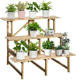 Outsunny suport de flori pliabil cu 3 etaje, din lemn natural, 78 cm, pentru interior și exterior | Aosom Romania