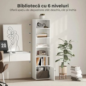 HOMCOM Bibliotecă verticală cu 6 niveluri și dulap, pentru living, dormitor și birou, 40x30x156 cm, albă | Aosom Romania