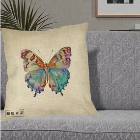 Perna Decorativa Fluture Acuarela Multicolor Portocaliu-Bleu-Mov, 40x40 cm, Crem, Husa Detasabila, Perna Inclusa, BEKZ®